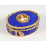 A FRENCH OVAL BLUE ENAMEL BOX AND COVER, the top with a miniature. 3.75ins wide. (AF).