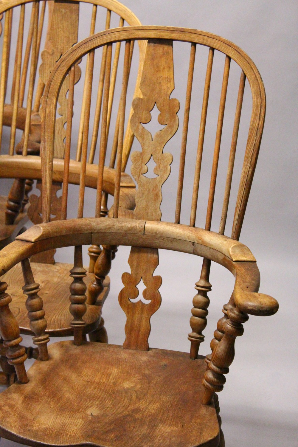 A GOOD SET OF FOUR 19TH CENTURY OAK WINDSOR HIGH BACK ARMCHAIRS. - Image 2 of 11