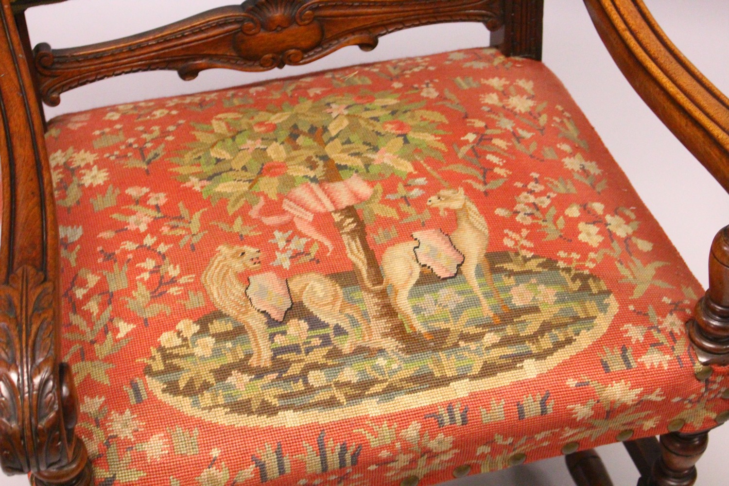 A CONTINENTAL 18TH CENTURY STYLE WALNUT ARMCHAIR, with tapestry upholstered back and seat, turned - Image 5 of 5