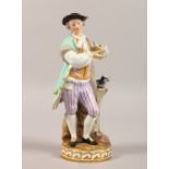 A GOOD MEISSEN FIGURE OF A GALLANT, a pigeon on a tree stump. Cross swords mark in blue. 42 in gold.