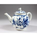 AN 18TH CENTURY WORCESTER TEAPOT AND COVER, painted with trailing flowers in under-glaze blue,