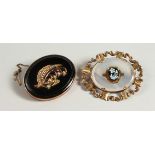A LARGE 9CT GOLD OVAL BROOCH, with seed pearls and ANOTHER.