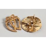 A GOLD AND SEED PEARL DOUBLE HEART BROOCH AND MODERN BROOCH (2).