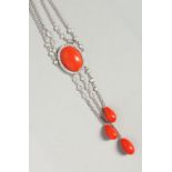 A VERY GOOD WHITE GOLD AND CORAL 18CT GOLD NECKLACE.