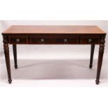 A 19TH CENTURY MAHOGANY AND SATINWOOD BANDED SERVING TABLE, with three frieze drawers having lion