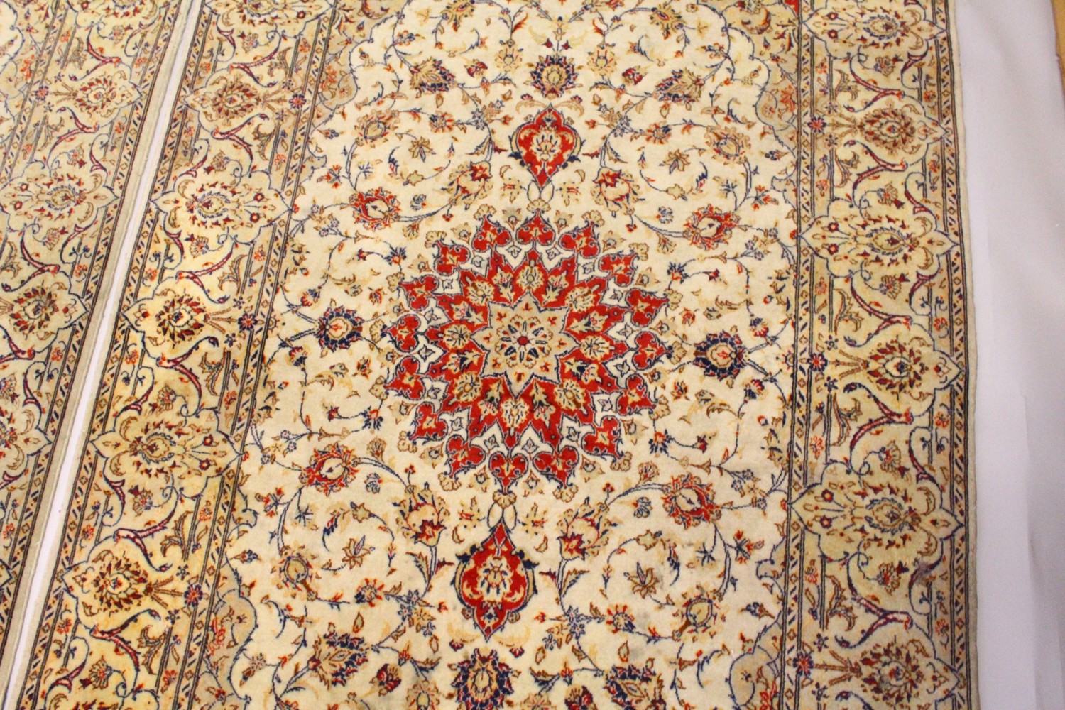 A PAIR OF PERSIAN TABRIZ CARPETS, beige ground with a central medallion and floral decoration ( - Image 4 of 28