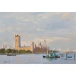 Edward Wesson (1910-1983) British. A Thames Scene, with the Houses of Parliament, Oil on Board,