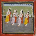 20th Century South Asian School. Four Figures in Costume, Mixed Media, 3.75" x 3.75".