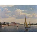 Leslie Kent (1890-1980) British. "At Emsworth, Hants", with Sailing Boats, Oil on Canvas, Signed,