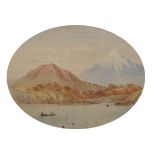 19th Century American School. A Mountainous River Landscape, possibly Mount Hood, with Figures in