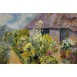 Eva Walbourn (1872-1927) British. A Cottage Garden Scene, Oil on Panel, 10.5" x 15.5".