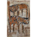 20th Century Sri Lankan School. A Study of Two Tigers, Oil on Canvas, Indistinctly Signed, 21.25"