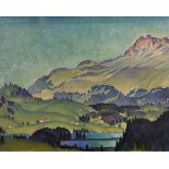 Rudolf Durrwang (1883-1936) Swiss. "Lenzerheide", A Swiss Mountainous River Landscape, with