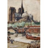 Charles Dixon (1872-1934) British. "Notre Dame, Paris", with numerous Boats on the Seine in the