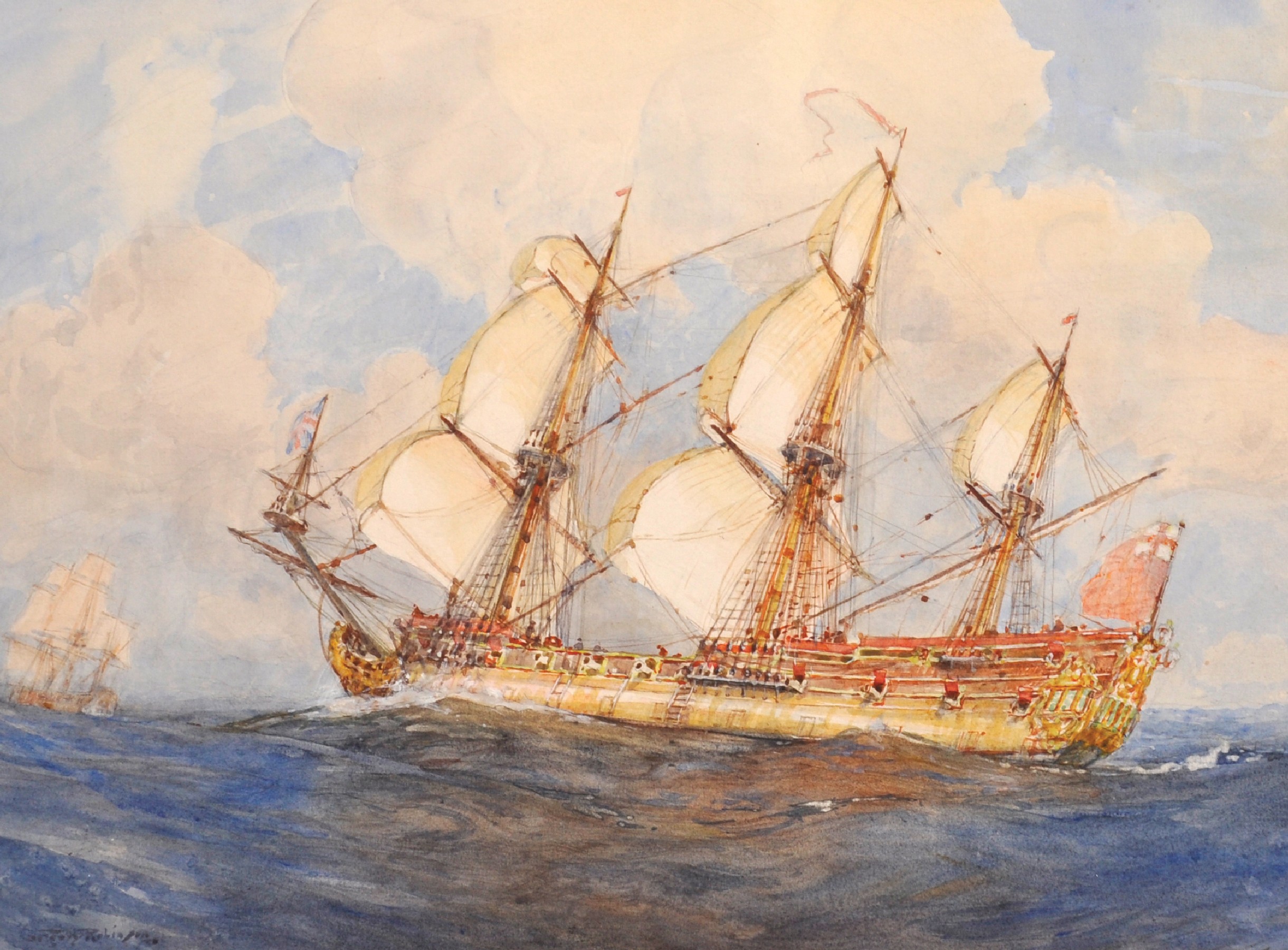 Gregory Robinson (1876-1967) British. Three Masted Sailing Ship at Sea, Watercolour, Signed, 10.