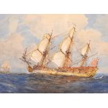 Gregory Robinson (1876-1967) British. Three Masted Sailing Ship at Sea, Watercolour, Signed, 10.