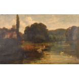 Manner of Alfred de Breanksi (1852-1928) British. A River Scene, with a Figure Fishing from a