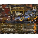 Ken Howard (1932- ) British. An Evening View of the Ganges, Oil on Board, Signed, and Signed and