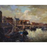 Cox (20th Century) British. Boats Moored in a Harbour, Oil on Artist's Board, Signed, 16" x 20".