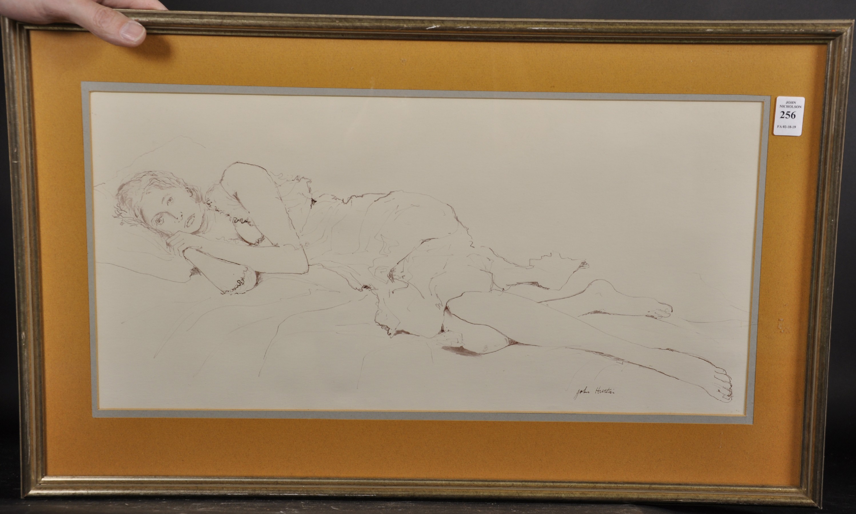 John Hutton (20th Century) British. "Reclining Girl", Ink, Signed, and Inscribed on a label on the - Image 2 of 5