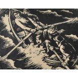 Erkki Tanttu (1907-1985) Finnish. Figures in a Rowing Boat, in Storm Sea, Woodcut, Signed, Inscribed