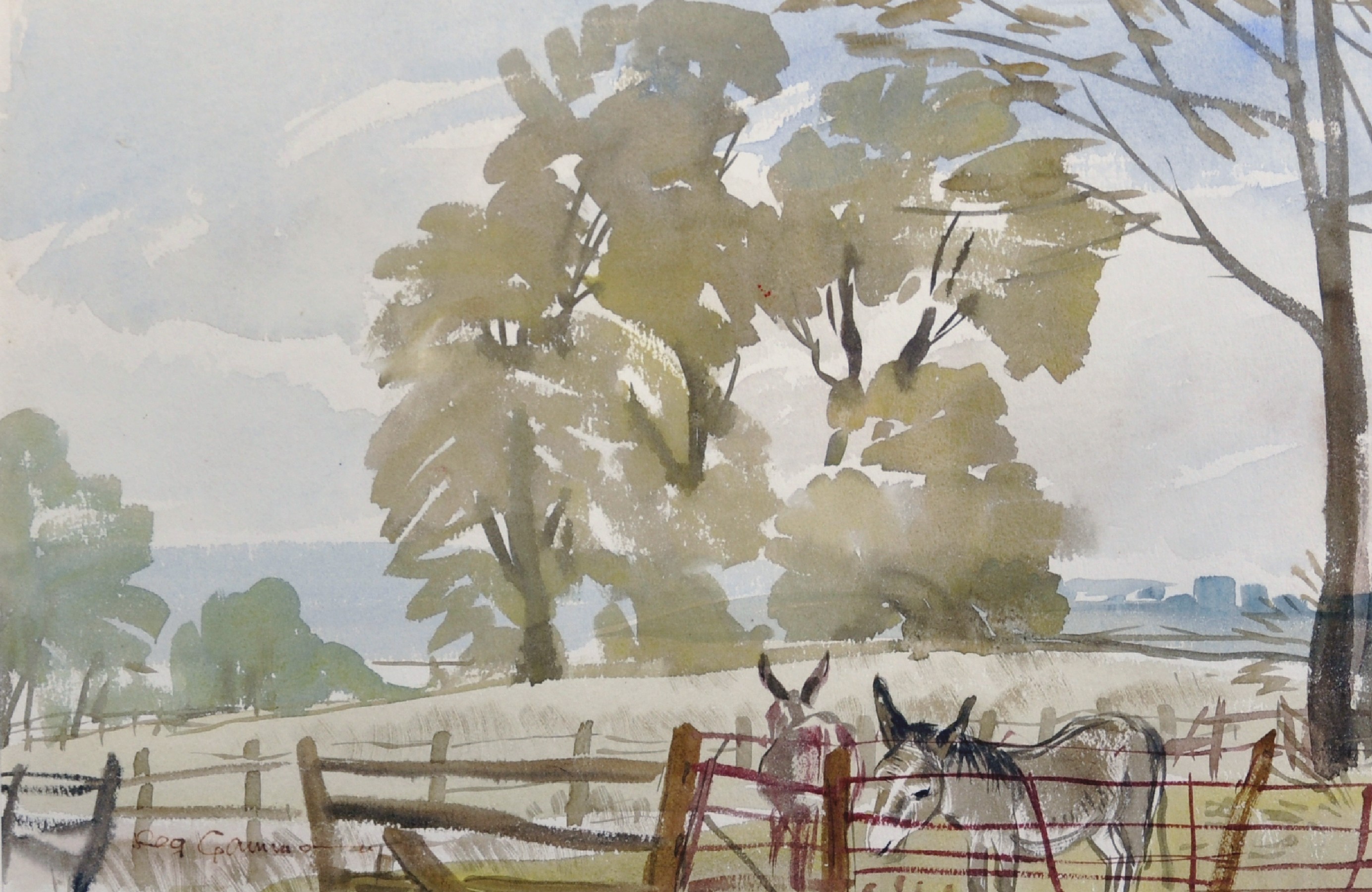 Reg Gammon (1894-1997) British. Donkeys in a Field, Watercolour, Signed, 10.25" x 15.25".