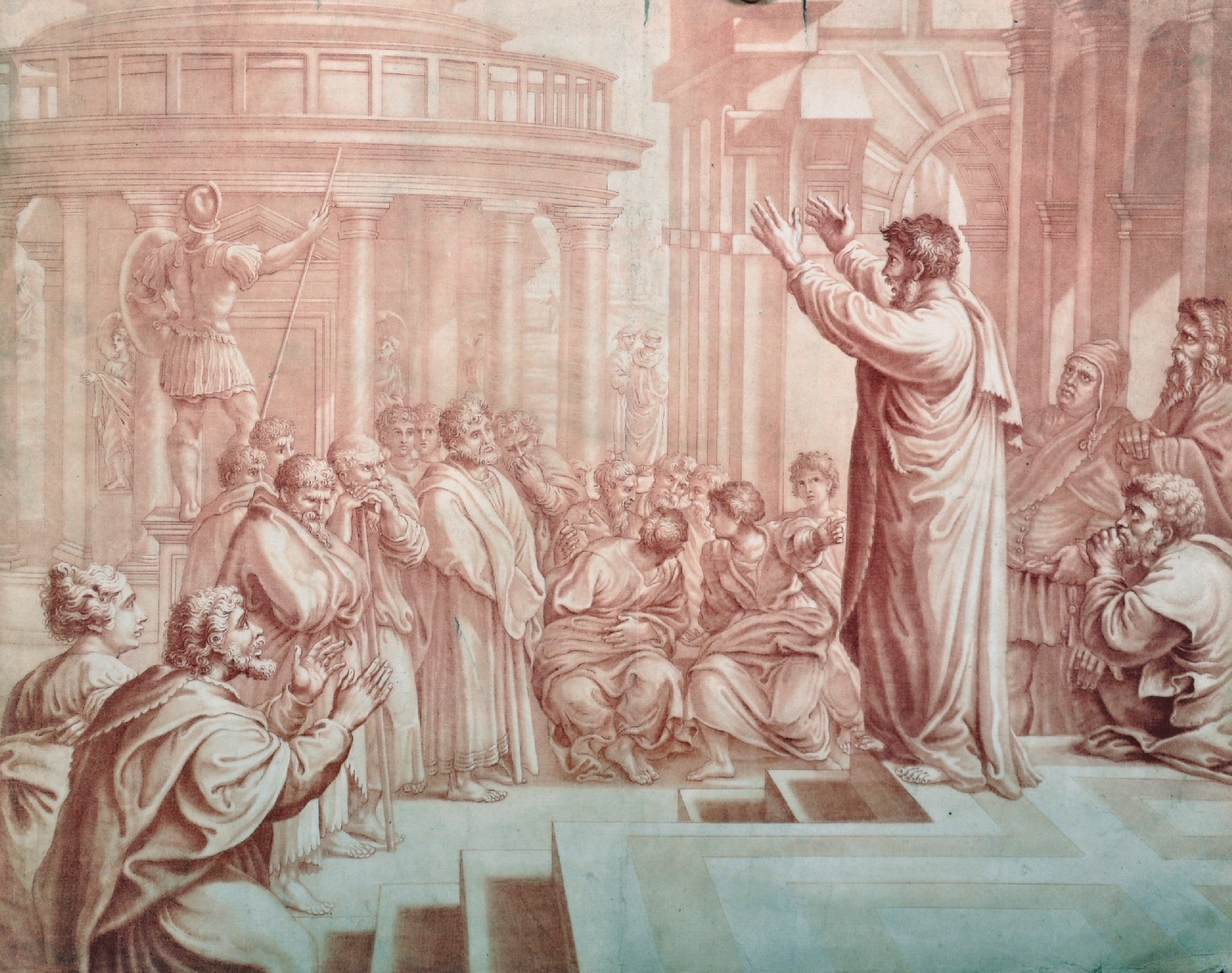 19th Century Italian School. A Figure in Robes talking to the Masses outside a Classical Italian - Image 2 of 5