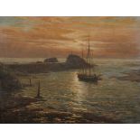 Frederick Golden Short (1863-1936) British. A Boat in a Cornish Harbour at Sunset, Oil on Canvas,