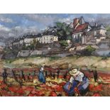 20th Century French School. Ladies Picking Flowers, with Houses beyond, Watercolour, Inscribed on