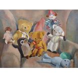 20th Century English School. Teddies on a Chair, Oil on Artist's Board, Indistinctly Signed '