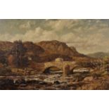 Thomas Huson (1844-1920) British. "Skelwith Bridge and Loughrigg", Figures by a Stone Bridge in a