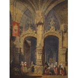 Circle of Samuel Prout (1783-1852) British. "La Heur", A Church Interior, with Figures, Watercolour,