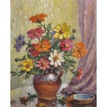 James Greig (20th Century) British. Still Life of Flowers in a Brown Jug, Oil on Board, Signed,