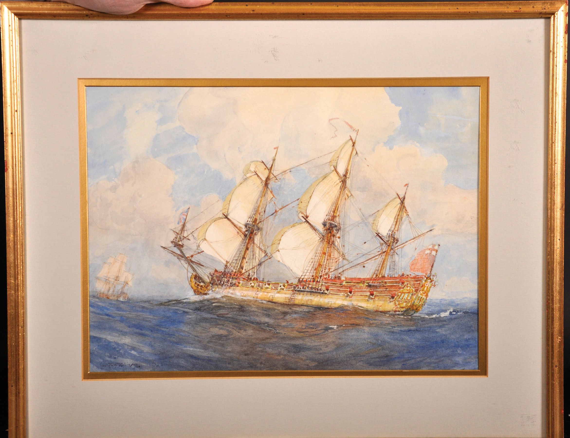 Gregory Robinson (1876-1967) British. Three Masted Sailing Ship at Sea, Watercolour, Signed, 10. - Image 2 of 5