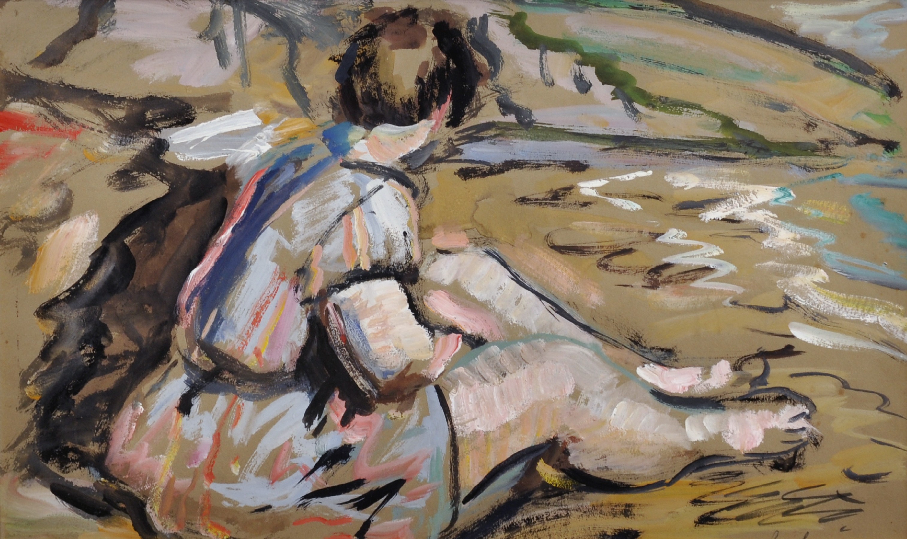 Andre Hambourg (1909-1999) French. A Beach Scene with a Seated Girl, Mixed Media, Signed, 11.75" x