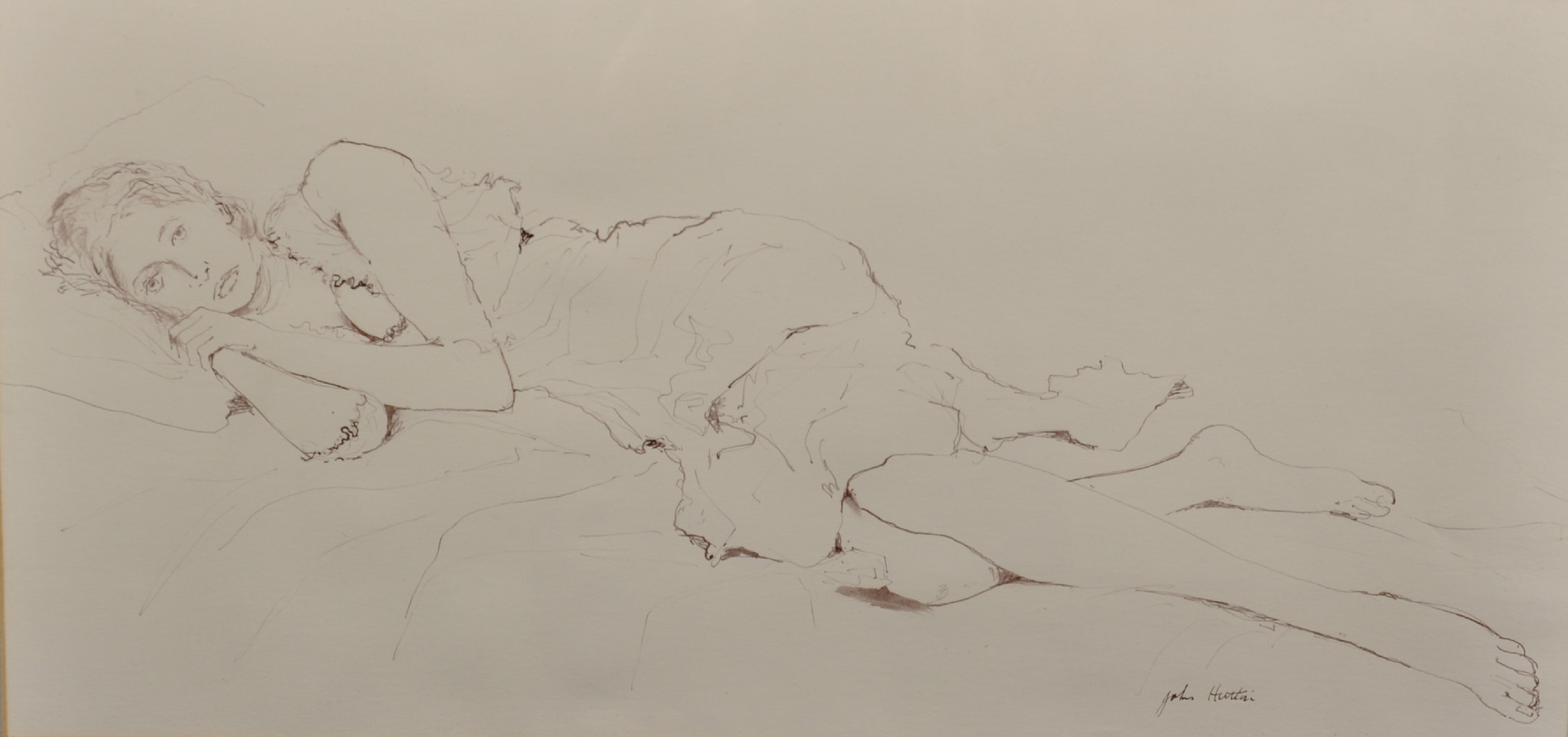 John Hutton (20th Century) British. "Reclining Girl", Ink, Signed, and Inscribed on a label on the