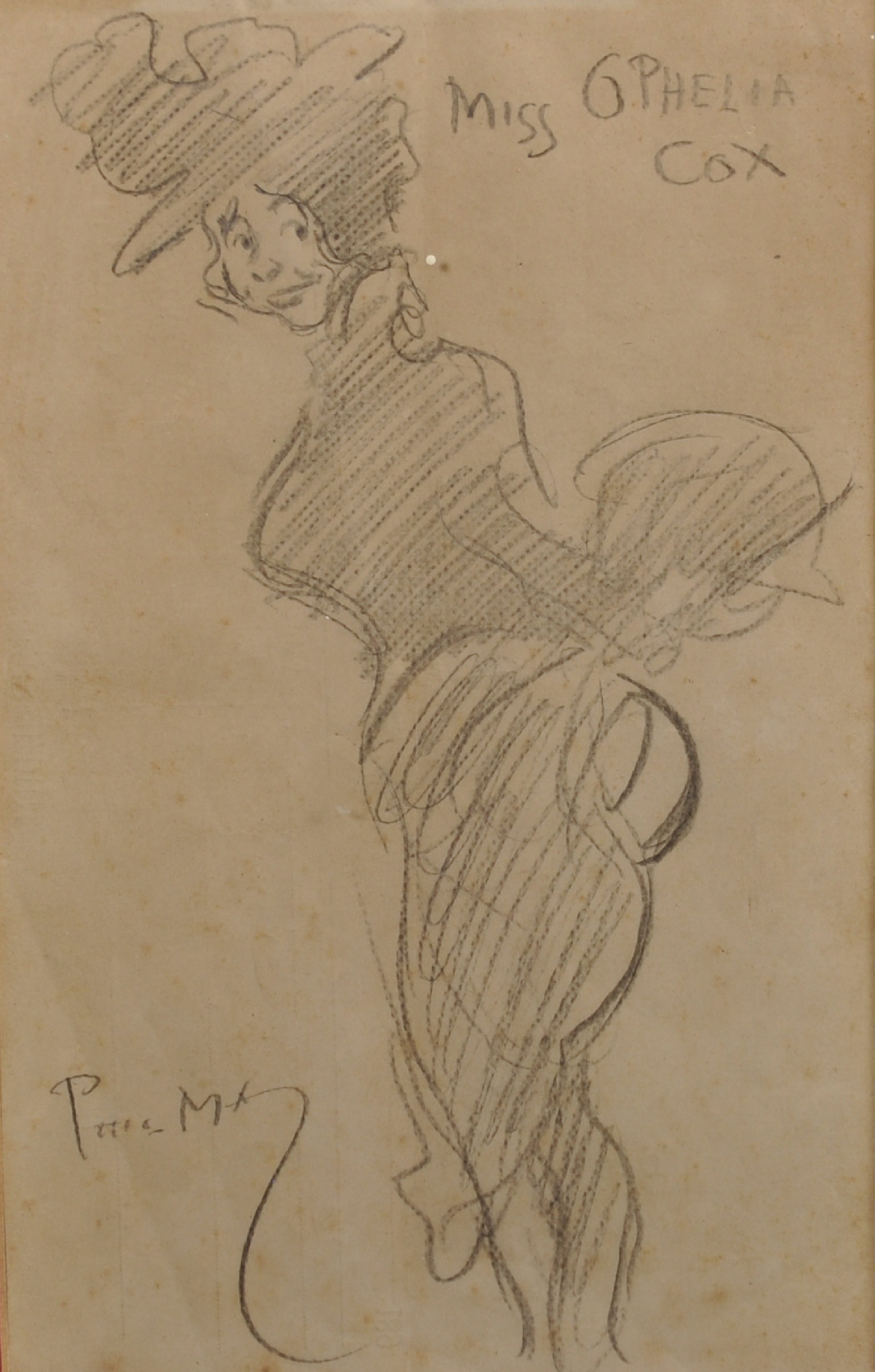 Phil May (1864-1903) British. "Miss Ophelia Cox", wearing a Bustle and Hat, Pencil, Signed and