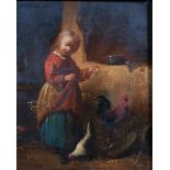 19th Century Dutch School. Study of a Young Girl Feeding Chickens, Oil on Panel, 8" x 6.5".