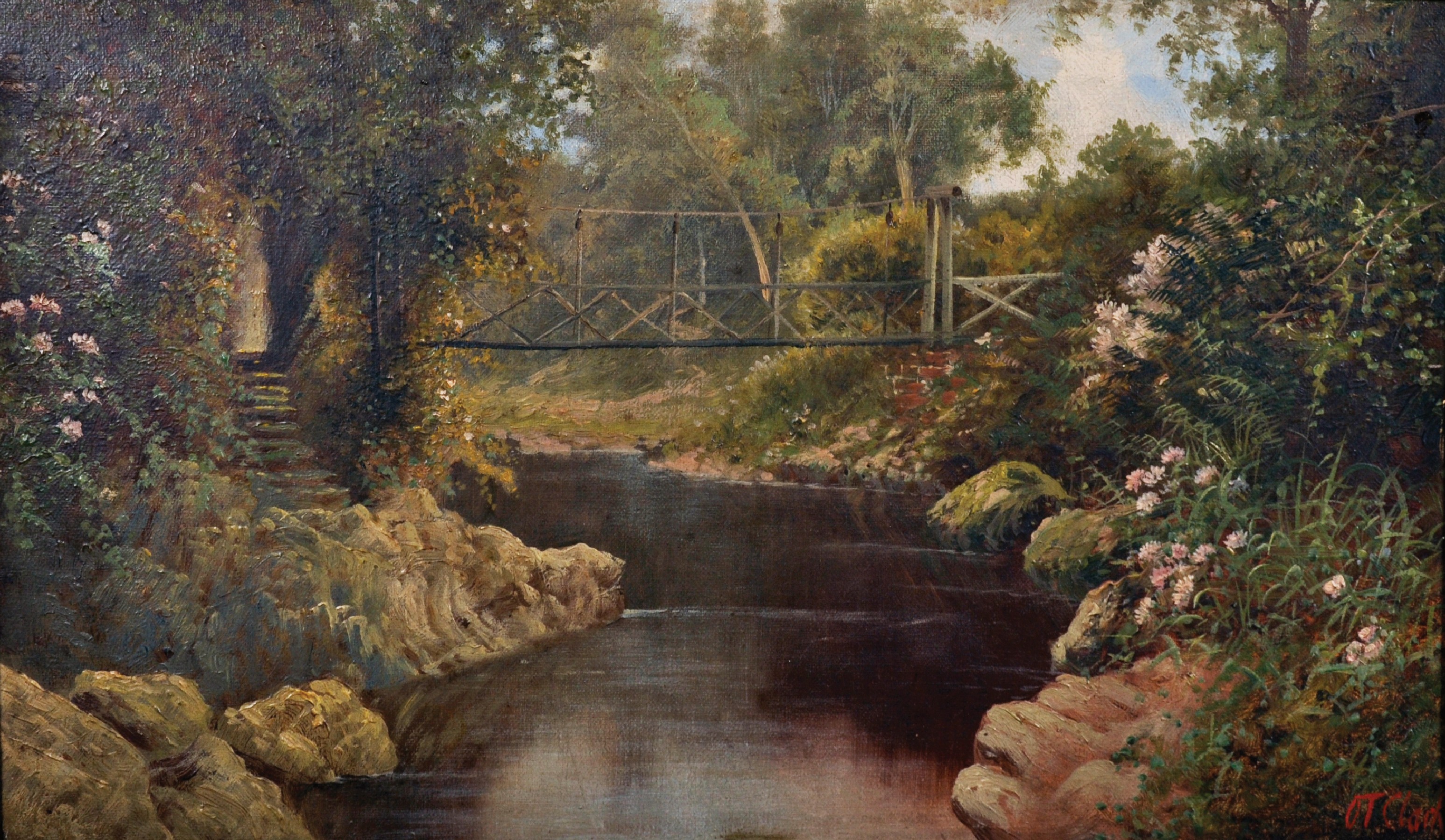 Octavius Thomas Clark (1850-1921) British. A River Landscape, with a Suspension Bridge, Oil on