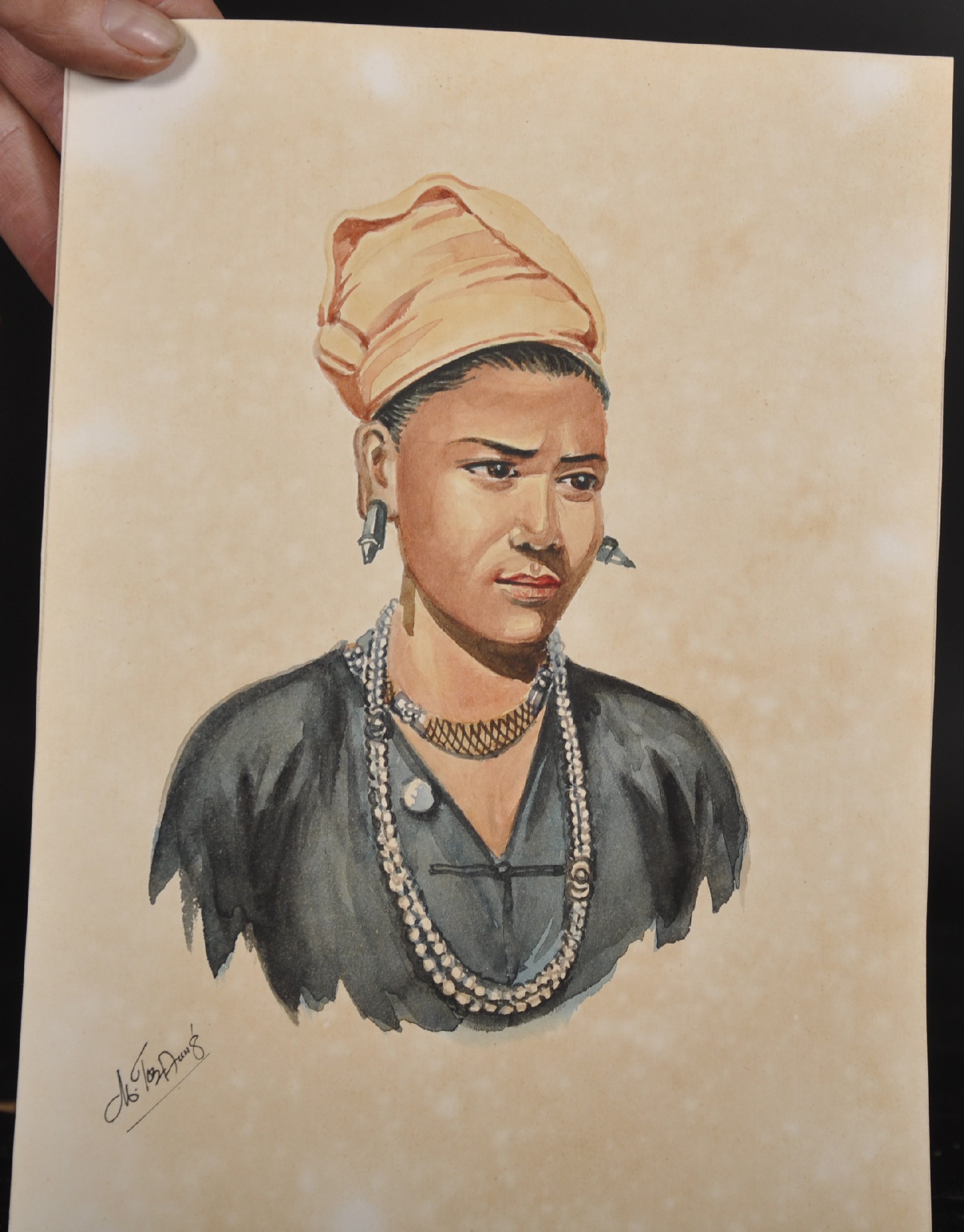 M...T...Aung (20th Century) Burmese. Portrait of a Young Lady, Watercolour, Signed, and Inscribed - Image 2 of 6