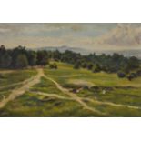 Ernest Stamp (1869-1942) British. "West Heath", Oil on Board, Signed and Dated 1922, and Inscribed