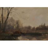Henry George Moon (1857-1905) British. A Lake Surrounded by Trees in Winter, Oil on Panel, Unframed,