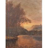Manner of Karl Heffner (1849-1925) German. A River Landscape at Dusk, Oil on Canvas, Unframed, 22" x
