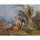 19th Century French School. Young Lovers Seated in a Landscape, Oil on Paper laid down, Unframed,