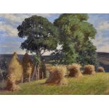 20th Century English School. A Landscape with Hay Stacks, Oil on Unstretched Canvas, 12" x 16",