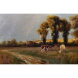 Arthur William Redgate (1860-1906) British. Cattle in a Field, with a Cottage in the distance, Oil