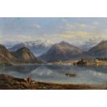 19th Century English School. Figures on the Edge of Lake Maggiore, with Boats on the Water and