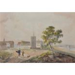 John Laporte (1761-1839) British. A River Landscape, with Figures Walking towards a Church,