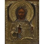 19th Century Russian School. Portrait of Christ, Icon, Oil on Panel, with a Metal Frontispiece, 8.5"