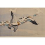 Allen William Seaby (1867-1953) British. Flying Ducks, Woodcut in Colours, Signed in Pencil,